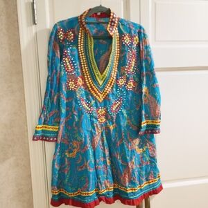 Multicolor Embroidered 3/4 Sleeve Mini Dress,,or TunicPit To Pit 21". Length 33"